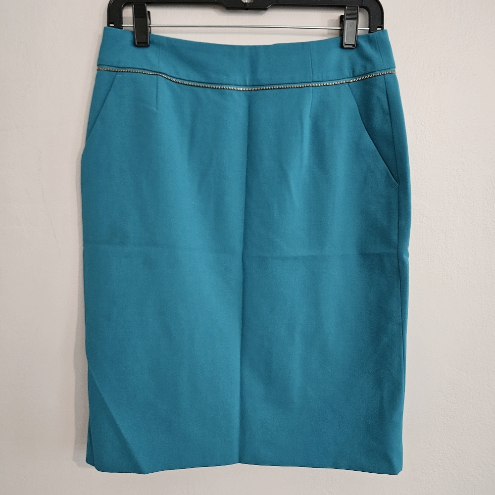 Calvin Klein Teal Pencil Skirt Gold Zipper Detail Pockets Career Office Size 2